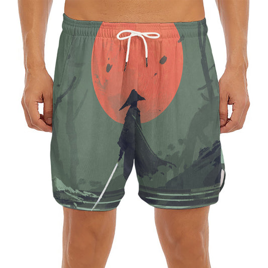 Red Moon Samurai Print Men's Split Running Shorts