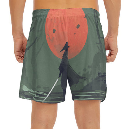 Red Moon Samurai Print Men's Split Running Shorts