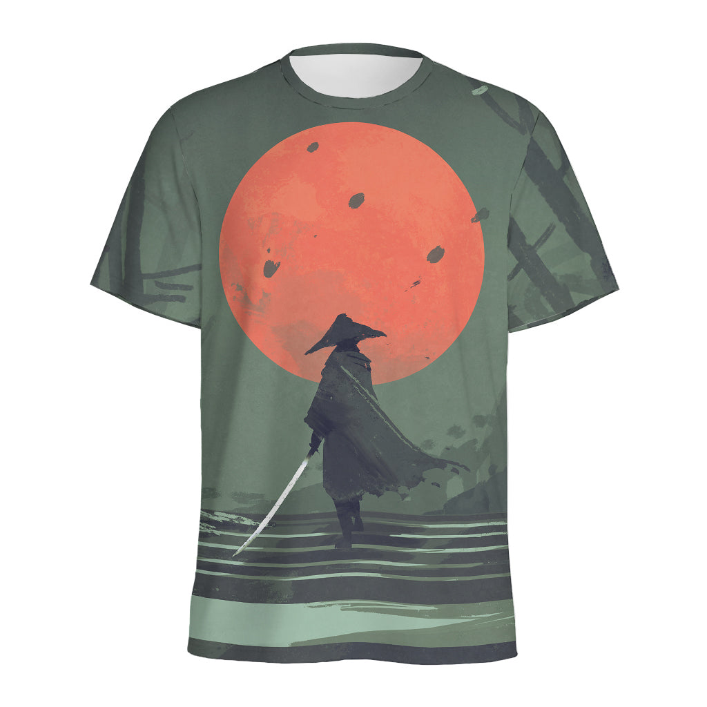 Red Moon Samurai Print Men's Sports T-Shirt