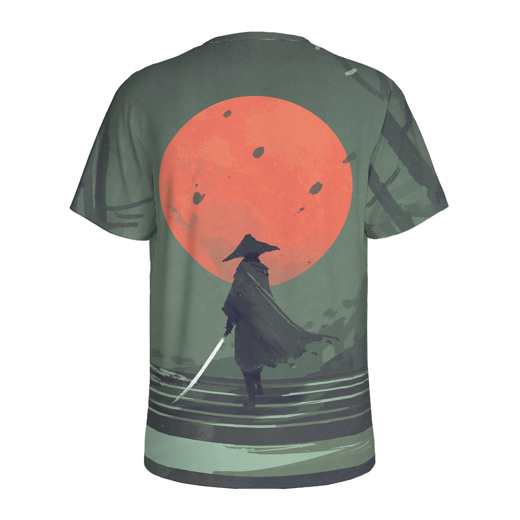Red Moon Samurai Print Men's Sports T-Shirt