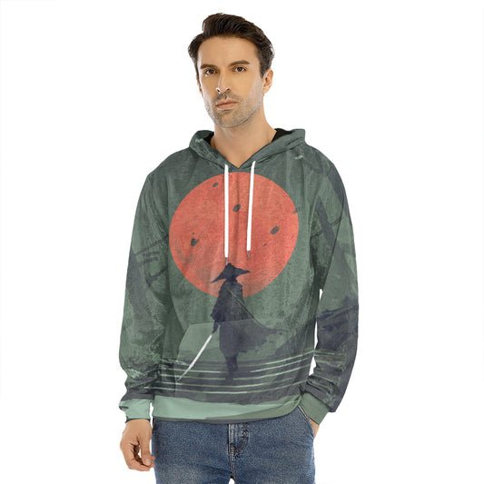 Red Moon Samurai Print Men's Velvet Pullover Hoodie