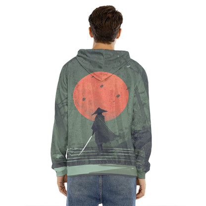 Red Moon Samurai Print Men's Velvet Pullover Hoodie