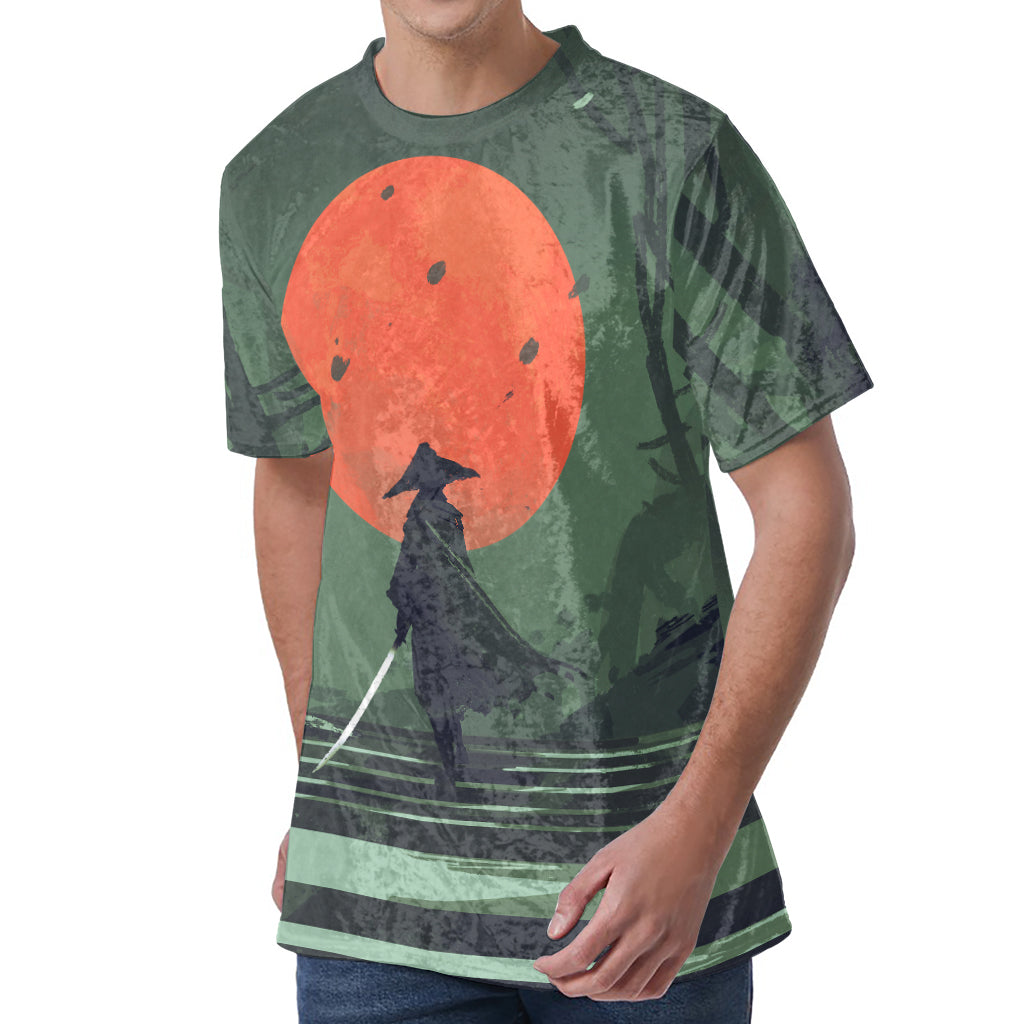 Red Moon Samurai Print Men's Velvet T-Shirt