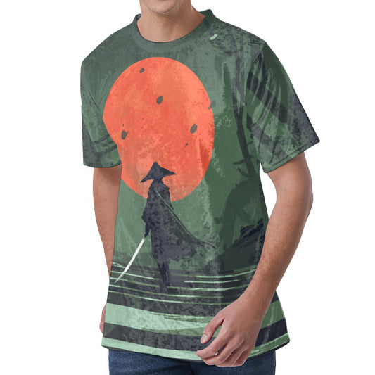 Red Moon Samurai Print Men's Velvet T-Shirt