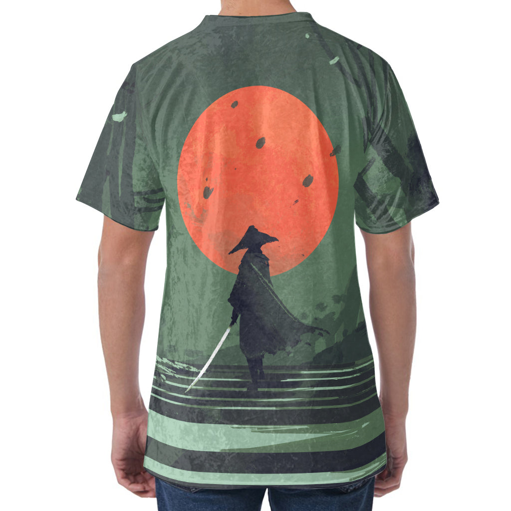 Red Moon Samurai Print Men's Velvet T-Shirt