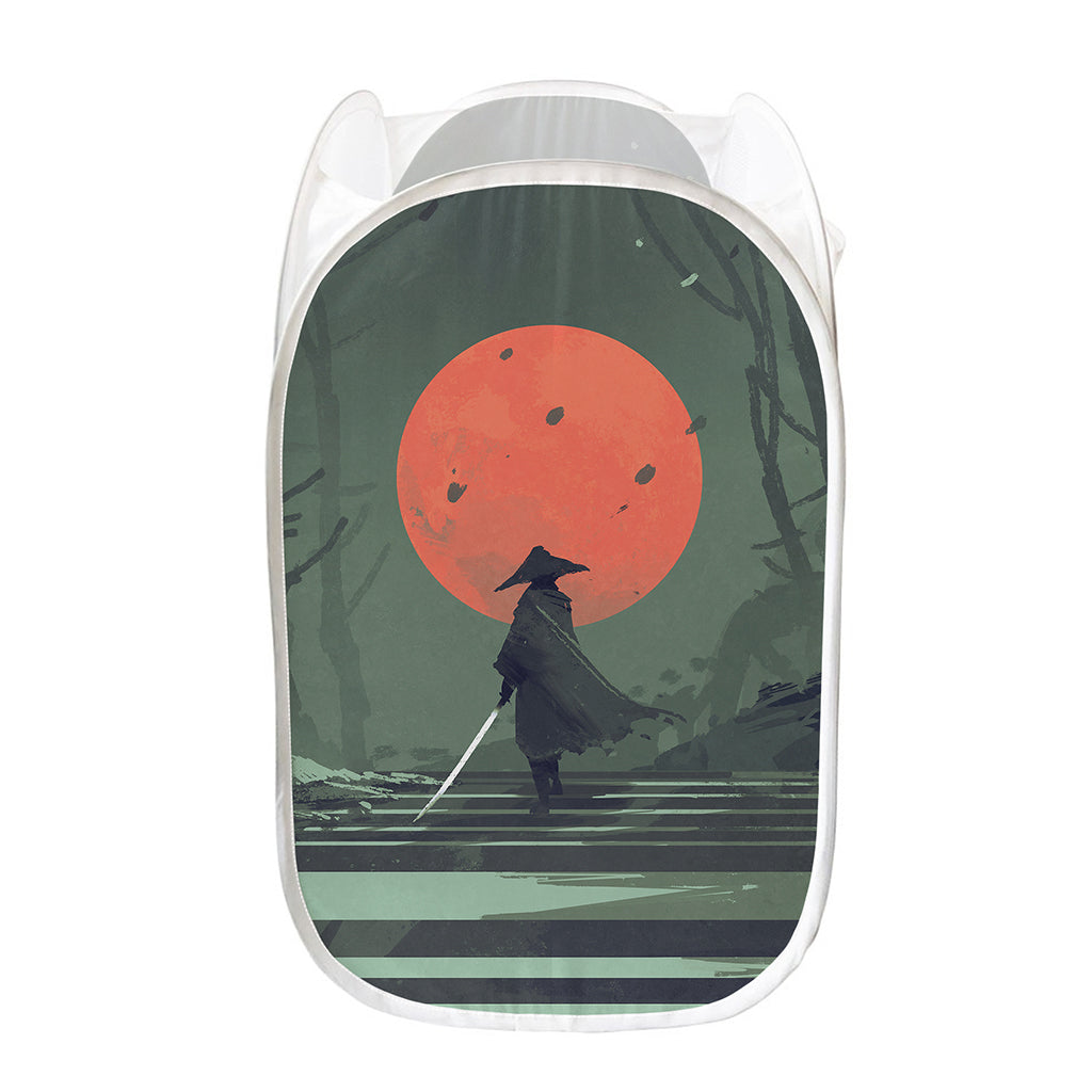 Red Moon Samurai Print Mesh Laundry Hamper