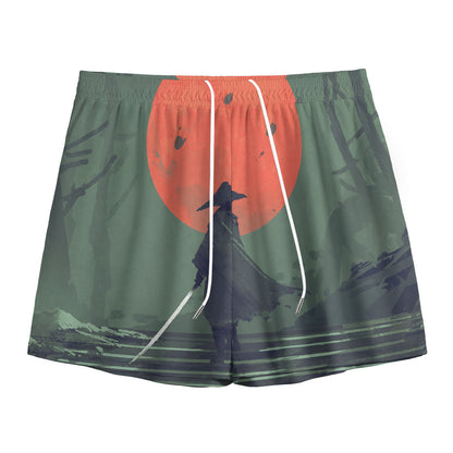 Red Moon Samurai Print Mesh Shorts