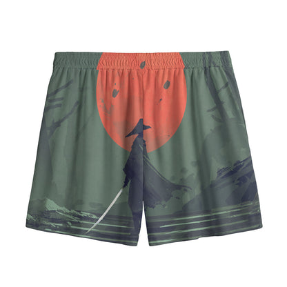 Red Moon Samurai Print Mesh Shorts