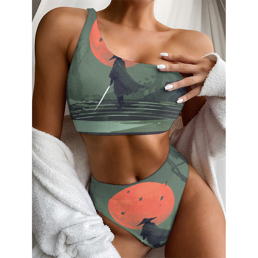 Red Moon Samurai Print One Shoulder Bikini Top