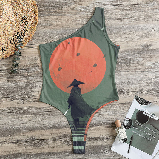 Red Moon Samurai Print One Shoulder Bodysuit