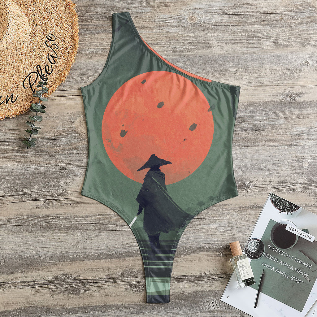 Red Moon Samurai Print One Shoulder Bodysuit