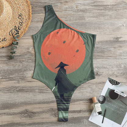 Red Moon Samurai Print One Shoulder Bodysuit