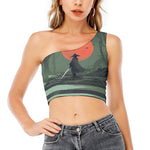 Red Moon Samurai Print One Shoulder Crop Top