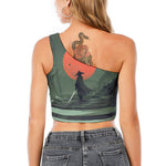 Red Moon Samurai Print One Shoulder Crop Top