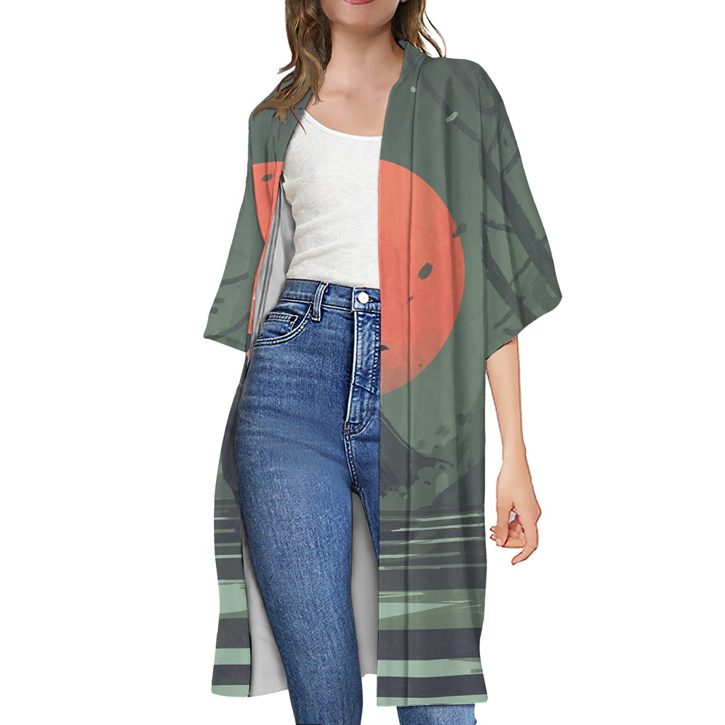 Red Moon Samurai Print Open Front Beach Cover Up