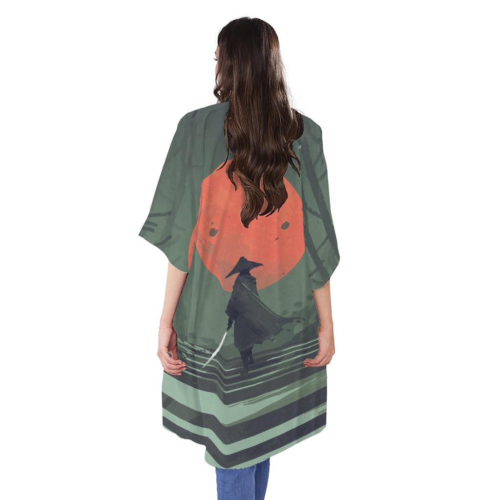 Red Moon Samurai Print Open Front Beach Cover Up