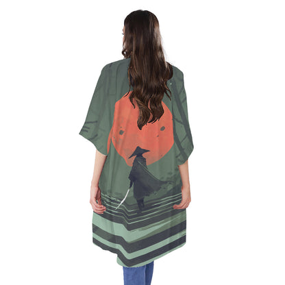 Red Moon Samurai Print Open Front Beach Cover Up