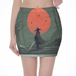 Red Moon Samurai Print Pencil Mini Skirt