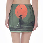 Red Moon Samurai Print Pencil Mini Skirt