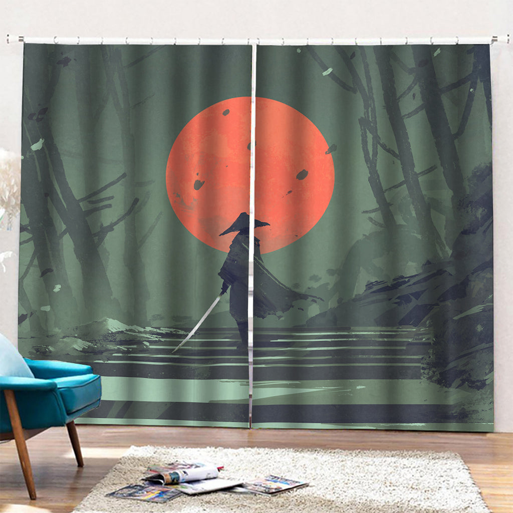 Red Moon Samurai Print Pencil Pleat Curtains