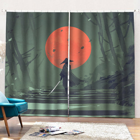 Red Moon Samurai Print Pencil Pleat Curtains