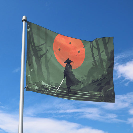 Red Moon Samurai Print Polyester Flag