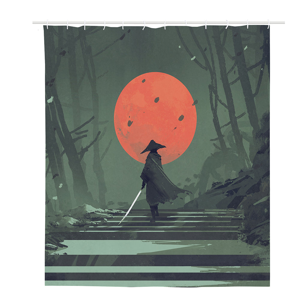Red Moon Samurai Print Polyester Shower Curtain