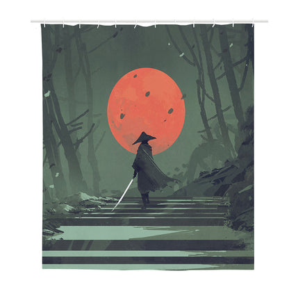Red Moon Samurai Print Polyester Shower Curtain