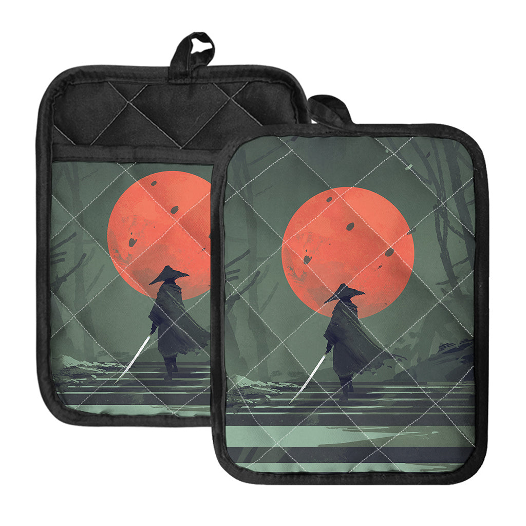 Red Moon Samurai Print Pot Holders With Pocket