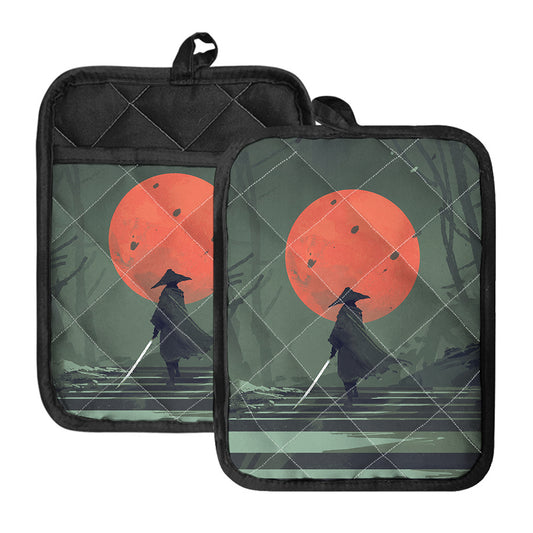 Red Moon Samurai Print Pot Holders With Pocket