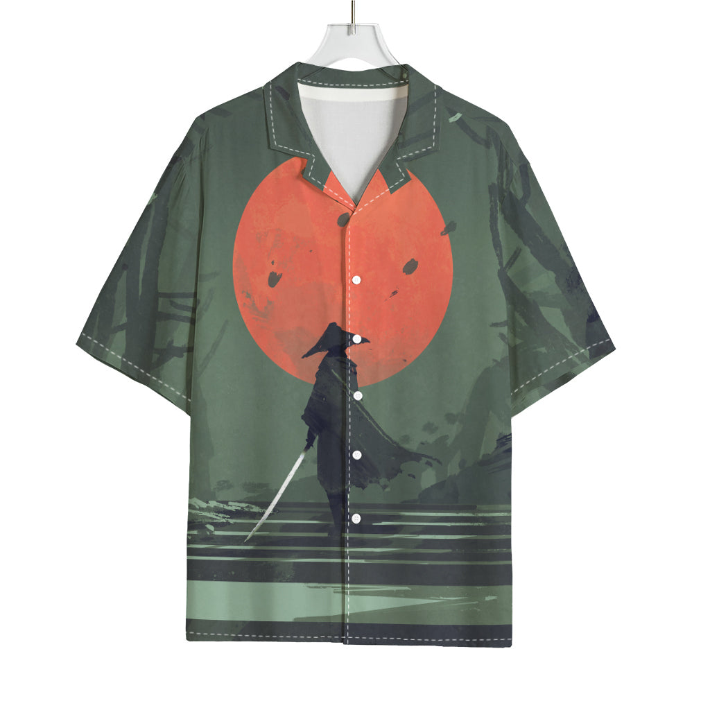 Red Moon Samurai Print Rayon Hawaiian Shirt