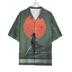 Red Moon Samurai Print Rayon Hawaiian Shirt
