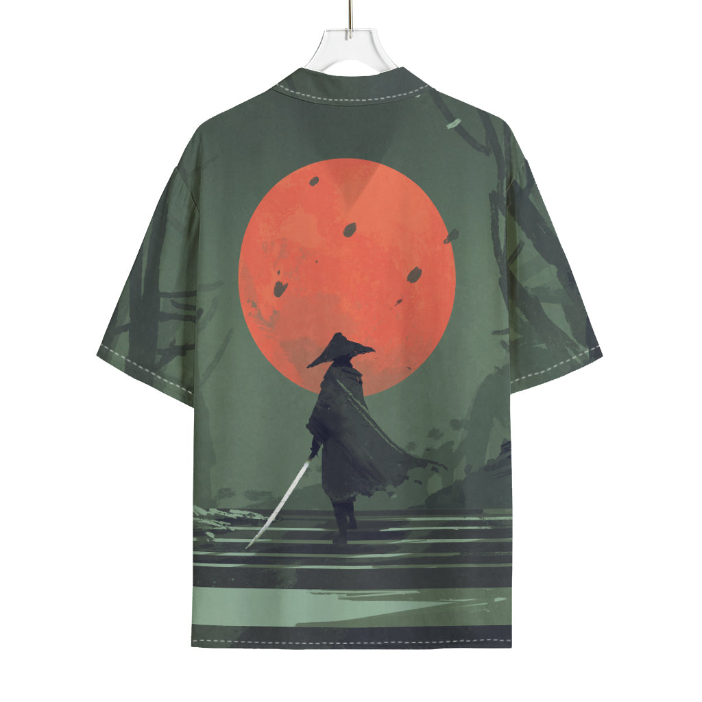 Red Moon Samurai Print Rayon Hawaiian Shirt