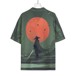 Red Moon Samurai Print Rayon Hawaiian Shirt
