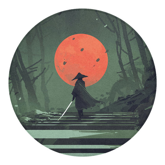Red Moon Samurai Print Round Blanket