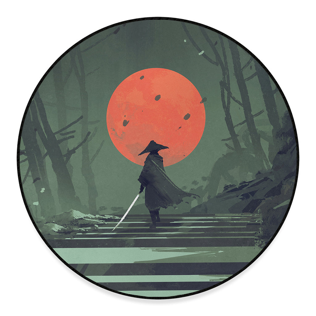 Red Moon Samurai Print Round Floor Mat