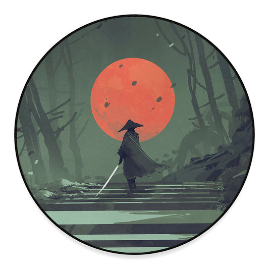 Red Moon Samurai Print Round Floor Mat