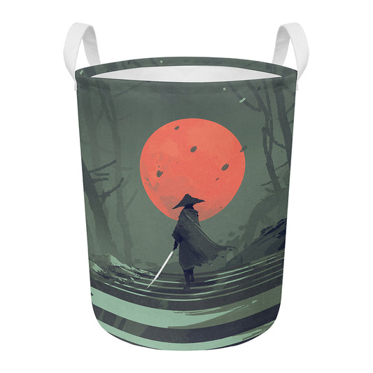 Red Moon Samurai Print Round Laundry Basket