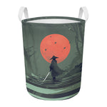 Red Moon Samurai Print Round Laundry Basket