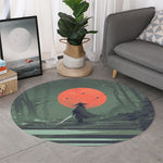 Red Moon Samurai Print Round Rug