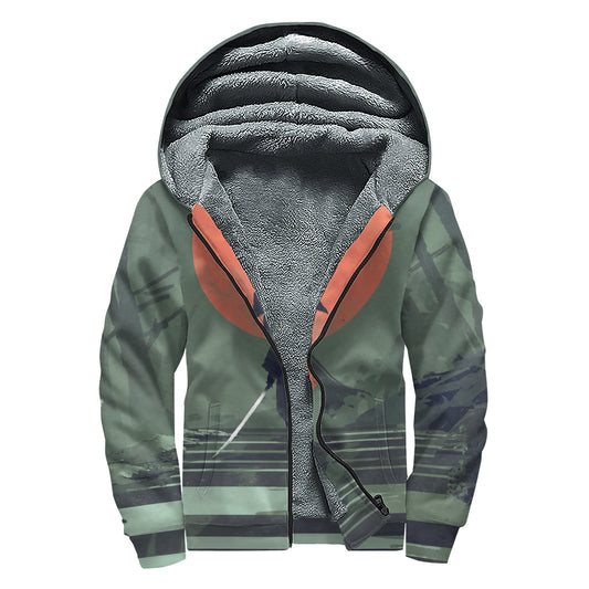 Red Moon Samurai Print Sherpa Lined Zip Up Hoodie