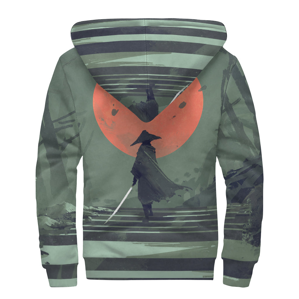 Red Moon Samurai Print Sherpa Lined Zip Up Hoodie