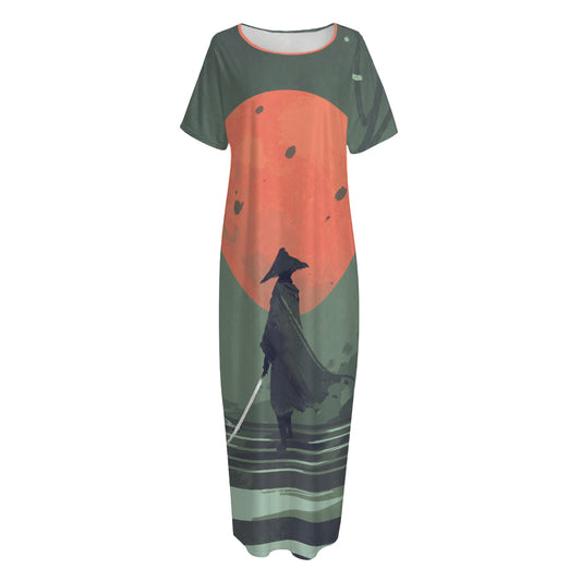 Red Moon Samurai Print Short Sleeve Long Nightdress