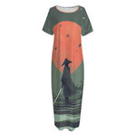 Red Moon Samurai Print Short Sleeve Long Nightdress