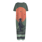 Red Moon Samurai Print Short Sleeve Long Nightdress