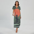 Red Moon Samurai Print Short Sleeve Maxi Dress