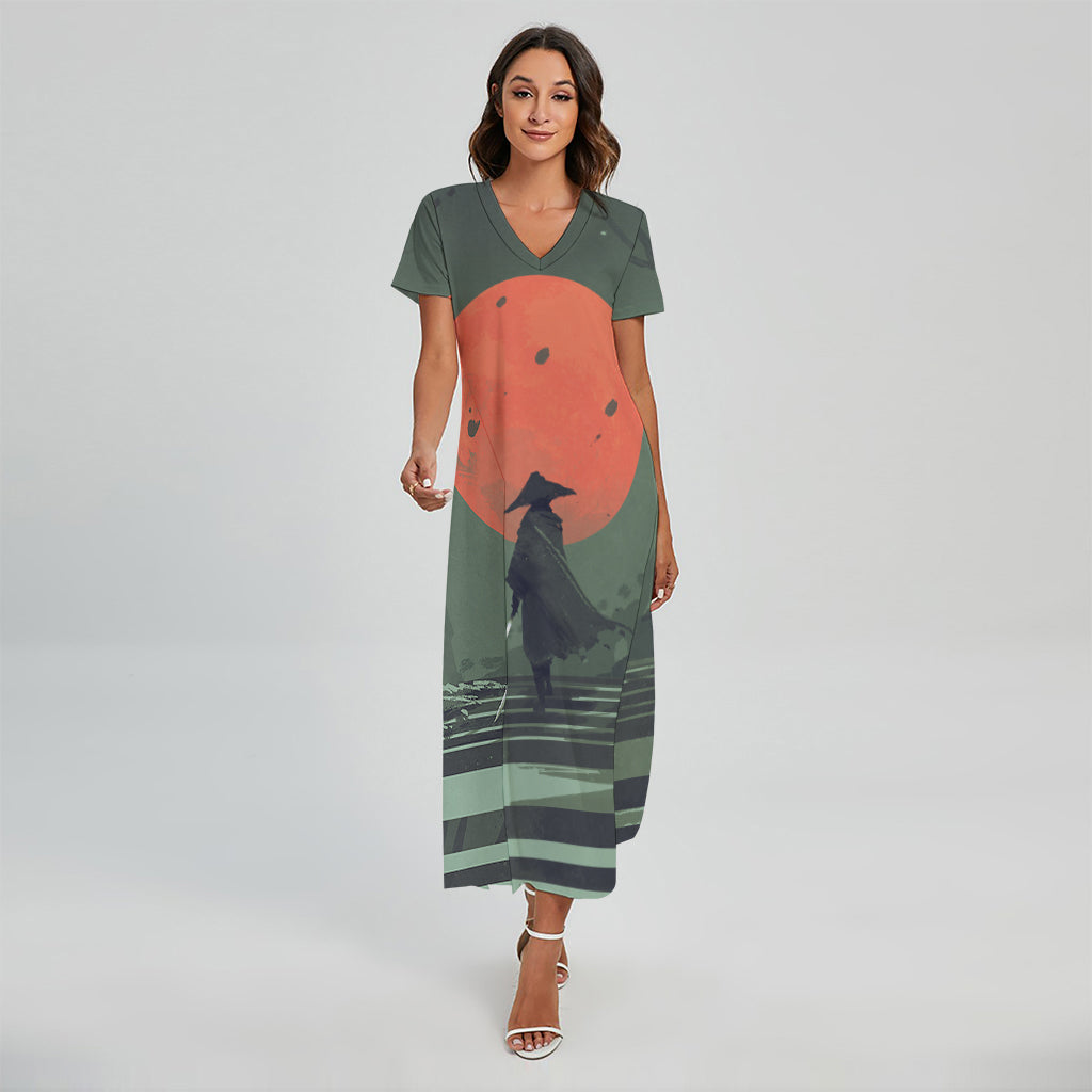 Red Moon Samurai Print Short Sleeve Maxi Dress
