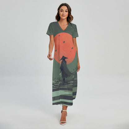 Red Moon Samurai Print Short Sleeve Maxi Dress