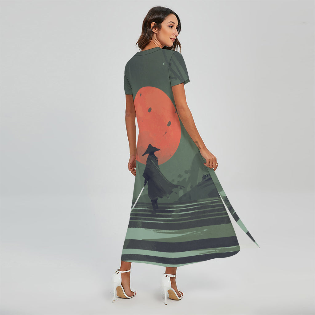 Red Moon Samurai Print Short Sleeve Maxi Dress