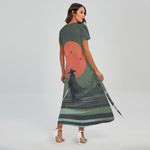 Red Moon Samurai Print Short Sleeve Maxi Dress
